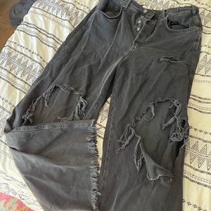 Free People Black Distressed High Waist Wide Leg Jeans Button Fly 31